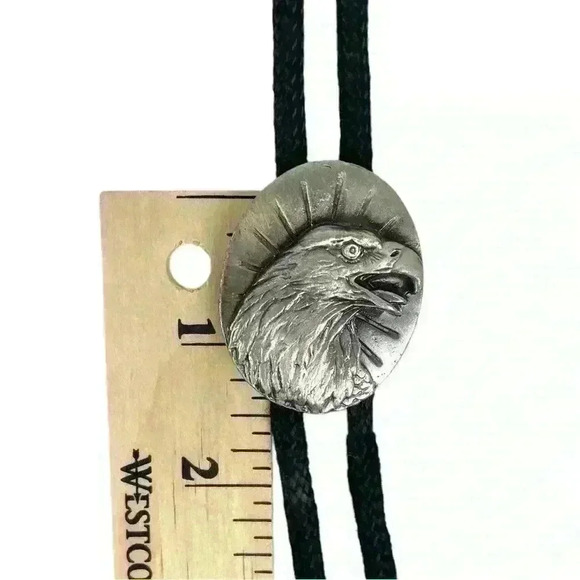 Boho Southwestern Black Bolo Tie - Silver Metal Eagle Head, Retro Cowboy Style - Picture 10 of 11
